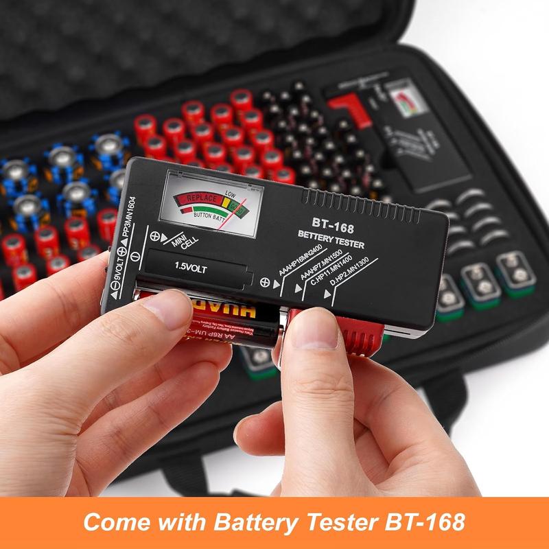 Battery Organizer, Battery Organizer Storage Case with Tester BT-168, Waterproof Battery Holder Box Holds, Battery Case Organizer 60+ AA AAA C D 9V Batteries (Batteries are Not Included)