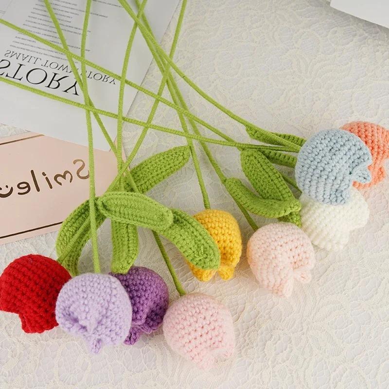 Christmas room decoration flower crochet tulip, without vase, 9 pieces set, handmade tulips, home decoration, holiday bouquet, gift bouquet