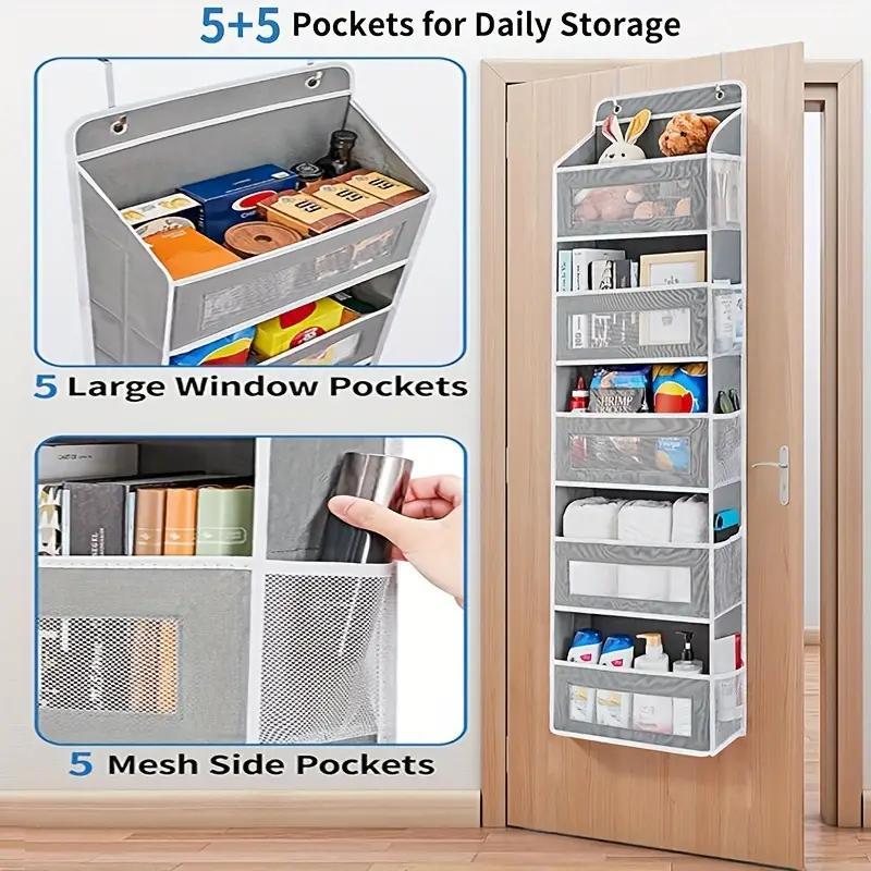 Over Door Organizer, Hanging Storage Organizer with 5 Large Pockets and 5 Mesh Side Pockets, Over Door Storage Organizer for Kids Toys, Shoes, Diapers