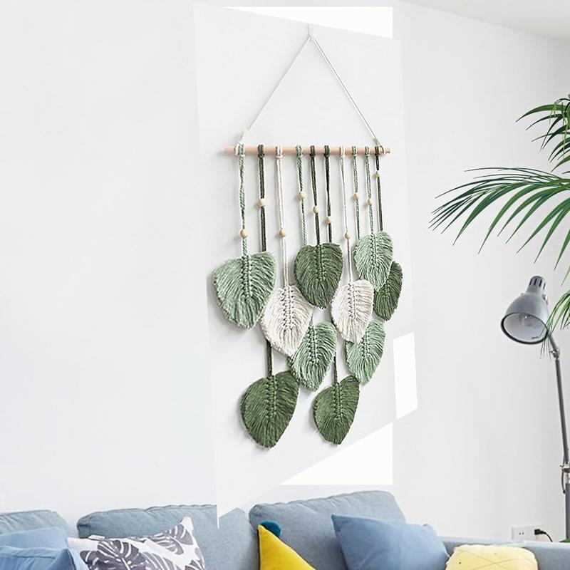 Wall Hanging Decor Leaves Tapestry Boho Wall Decor Woven Feather Handmade Yarn Tassels Woven Wall Art Decorations for Bedroom, Living Room, Apartment Home Backdrop (LightGreen)