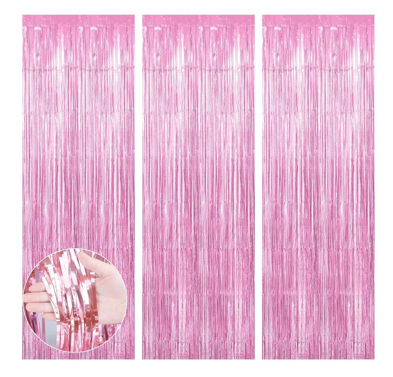 Fringe Backdrop, Pink Backdrop, Foil Fringe Curtains, 3 Counts 3.3x6.6ft Tinsel Curtain Backdrop Streamers for Valentine's Day Birthday Wedding Bachelorette Party Supplies Graduation Decorations