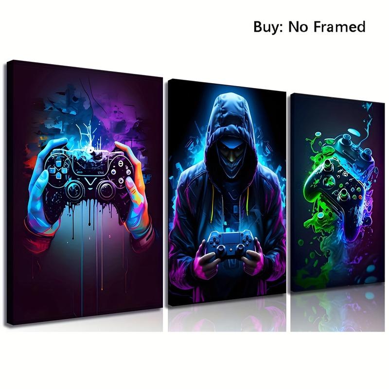 3 counts sets Retro Gaming Canvas Art Set - Colorful  Game pad Watercolor Posters, Unframed Wall Decor for Boys' Room & Game Area