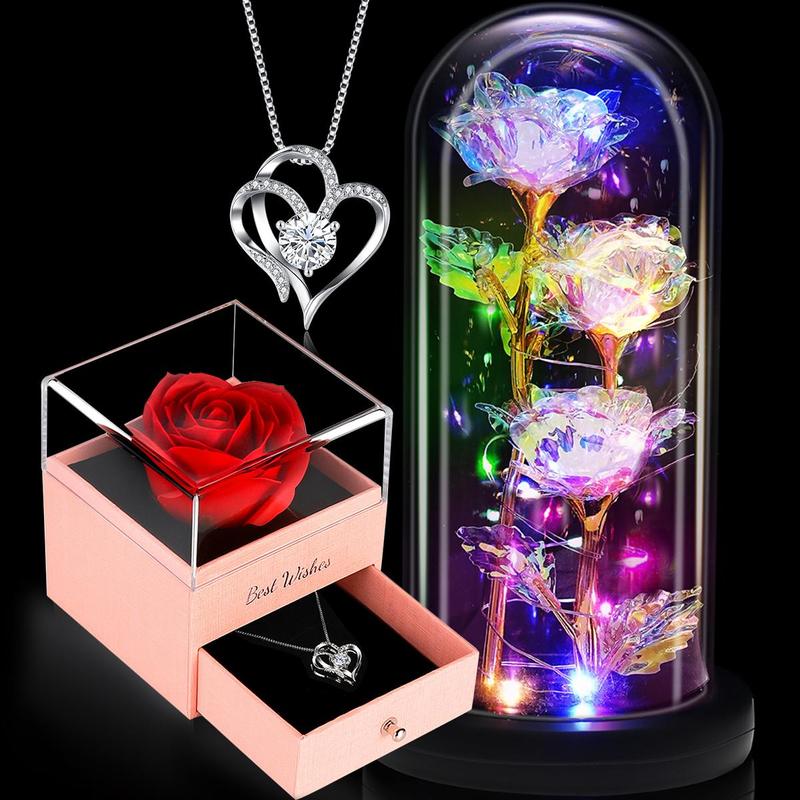 Rose & Heart Design Gift Box, 1 Set Including Light Up Rose & Necklace & Greeting Card with Box, Gift for Mom Wife Women Sister Grandma Girlfriend