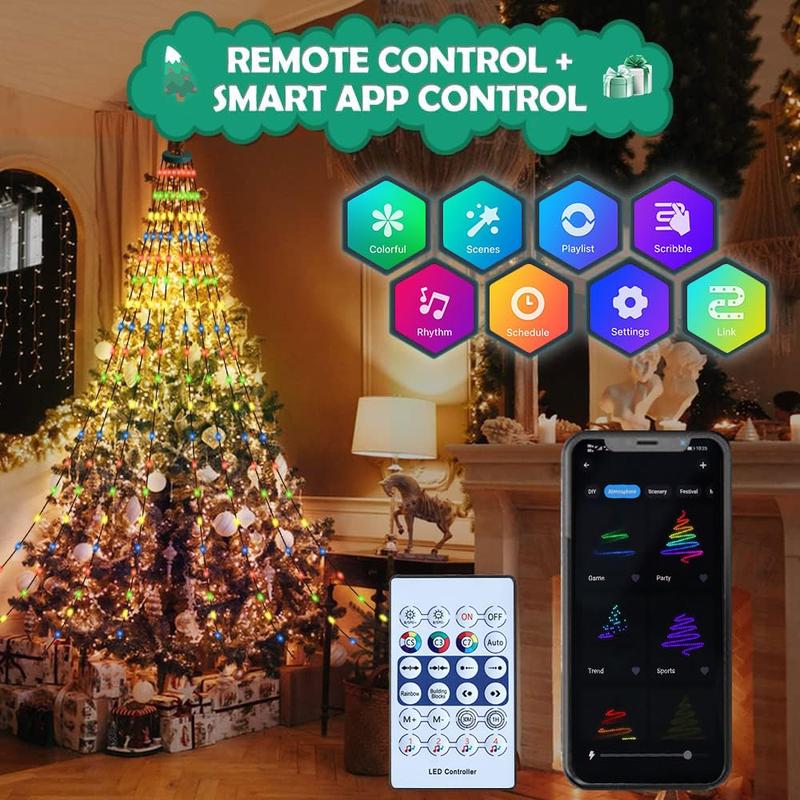 Christmas Tree String Lights with Ring Smart APP Control, 200 LED Music Sync Color Changing Indoor Decorations Waterfall Lights, IP65 Waterproof 6.6ft 10 Lines with Remote for Wedding Party Home