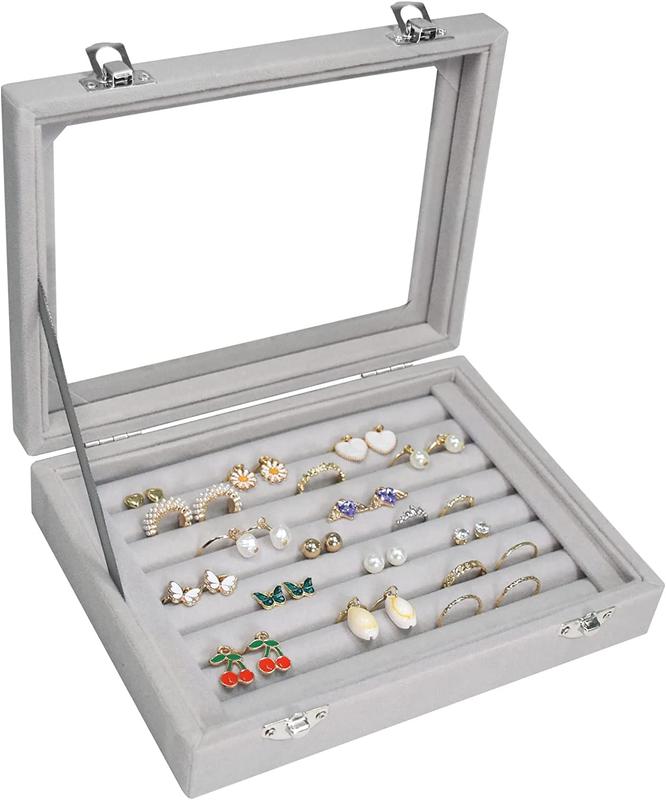 Rings Organizer Tray 7 Slots Velvet Jewelry Earring Storage Box with Transparent Lid Jewelry Display Case for Girls Wife Mom Women stable jewellery