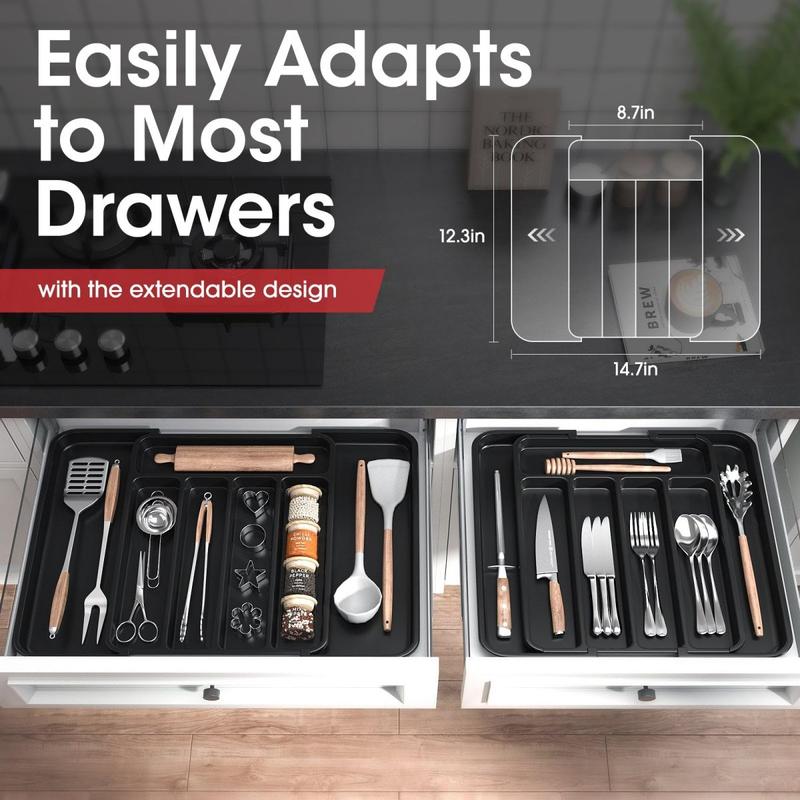 Black Silverware Organizer - Expandable Kitchen Drawer Organizer, Adjustable Utensil Organizer, Cutlery Drawer Organizer for Forks, Knives, Multipurpose Kitchen Organizers and Storage