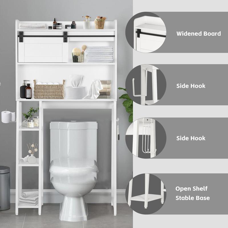 SULIVES Over The Toilet Storage with Cabinet, Sliding Barn Door, Side Storage Open Rack, Mass-Storage Over Toilet with Hooks Bathroom Organizer for Bathroom, Restroom, Laundry, White toto  toilet dewalt  toilet toto  toilet seat portable toilet