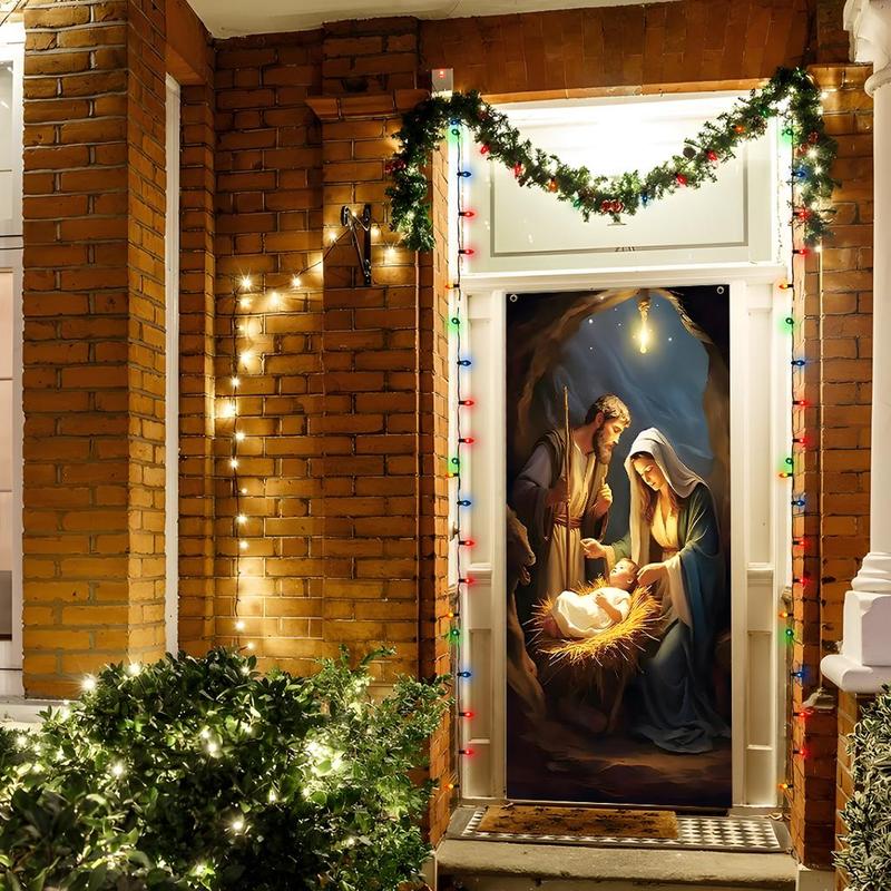 Nativity Scene Pattern Door Banner, 1 Count Christmas Themed Door Curtain, Jesus Birth Element Door Hanging Banner for Living Room Bedroom Home Dormitory