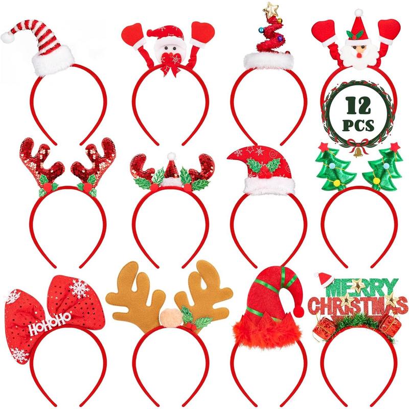 12 PCS Christmas Headbands, Felt Xmas Head Topper, Various Design Santa Hat Snowman Reindeer Antler Bow Elf Hat Headpieces for Women Adults Christmas Party Supplies