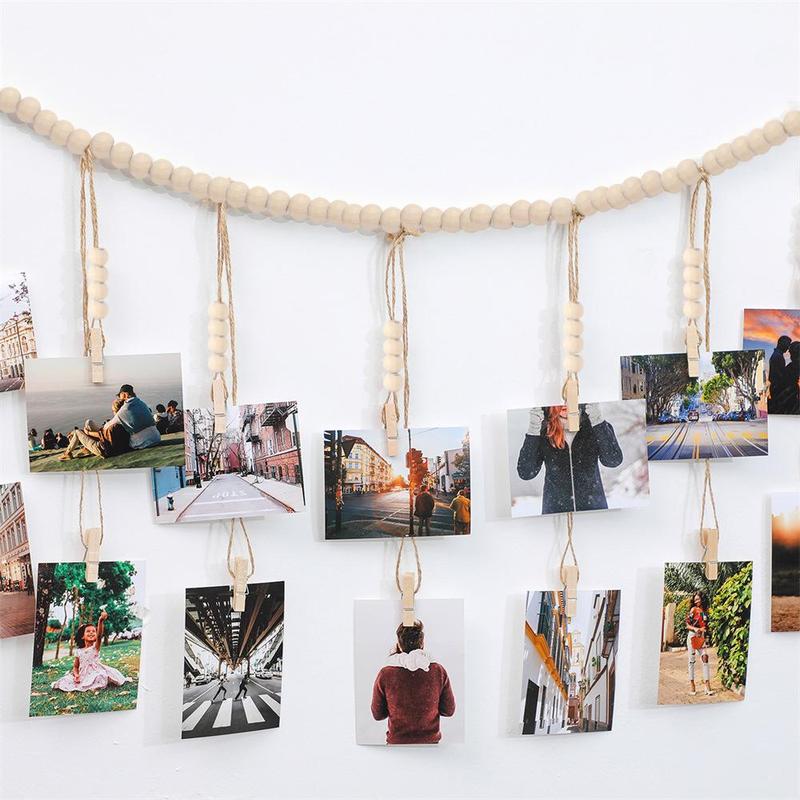 Boho Style Photo Display Rope with Clips, 1 Count Home Decor Hanging Photo Storage Pendant, Wooden Bead String, Wall Decoration