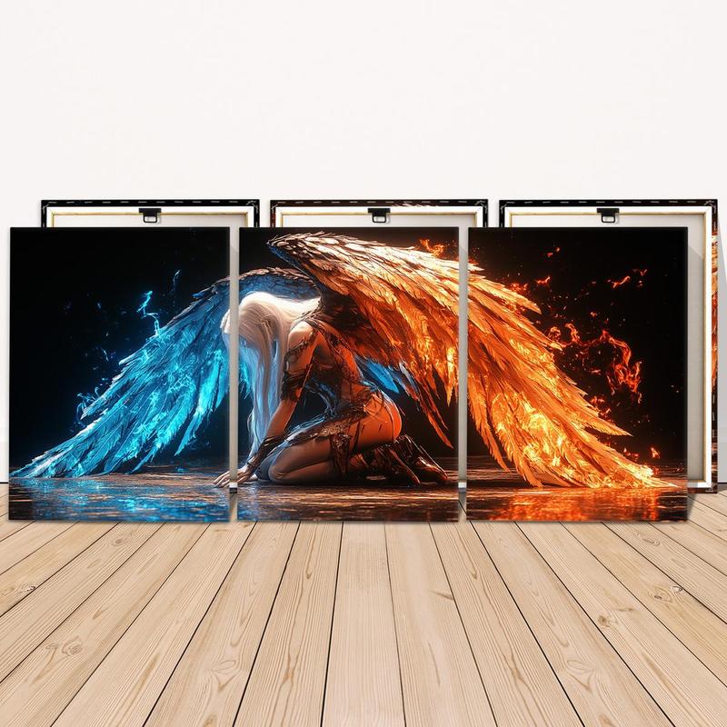 Colorful Wings Angel Pattern Wall Art, 3 Counts set Wooden Framed Canvas Painting, Waterproof Wall Decoration for Home Living Room Bedroom Office