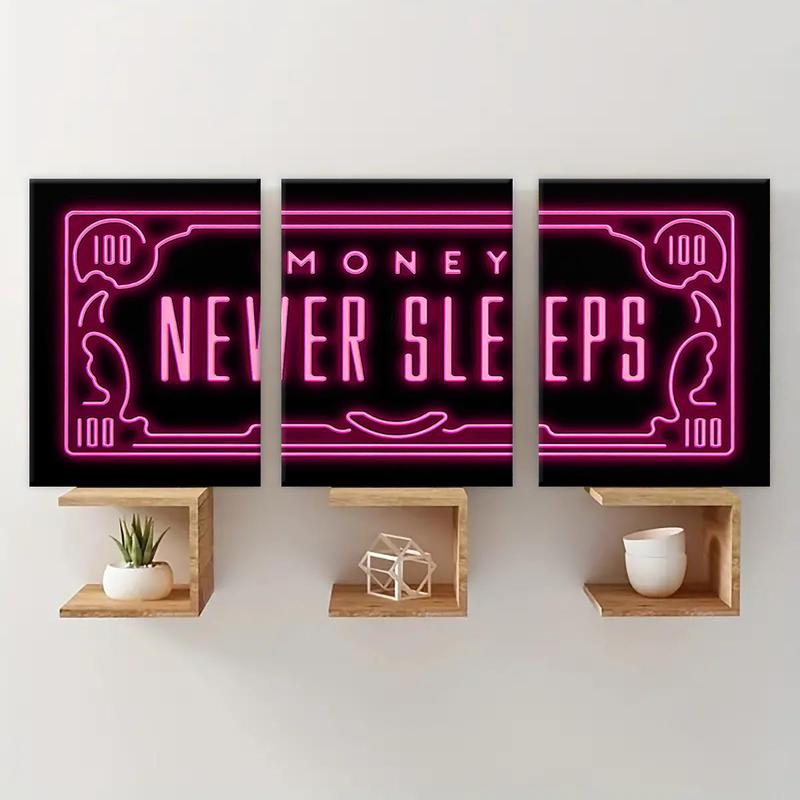 Neon Money Design Wooden Framed Canvas Poster, 3 Counts set Modern Art Wall Decoration, Wall Art for Home Living Room Bedroom Office Room Decor, Christmas 2024 Ornament, Christmas Gift Ideas, Stocking Stuffers