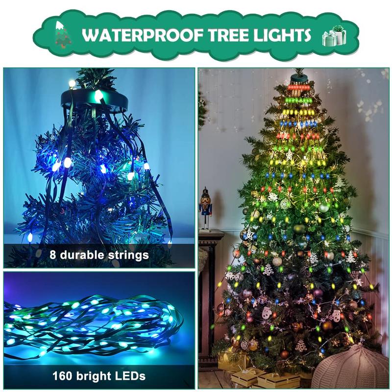 Christmas Tree String Lights with Ring Smart APP Control, 200 LED Music Sync Color Changing Indoor Decorations Waterfall Lights, IP65 Waterproof 6.6ft 10 Lines with Remote for Wedding Party Home