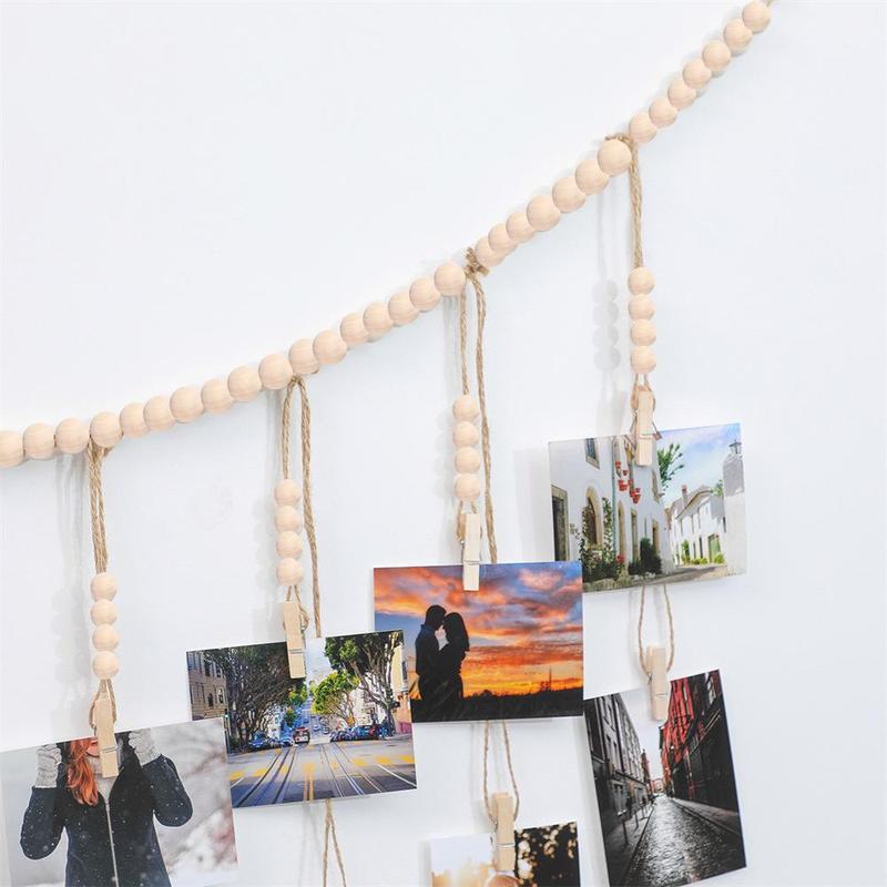 Boho Style Photo Display Rope with Clips, 1 Count Home Decor Hanging Photo Storage Pendant, Wooden Bead String, Wall Decoration