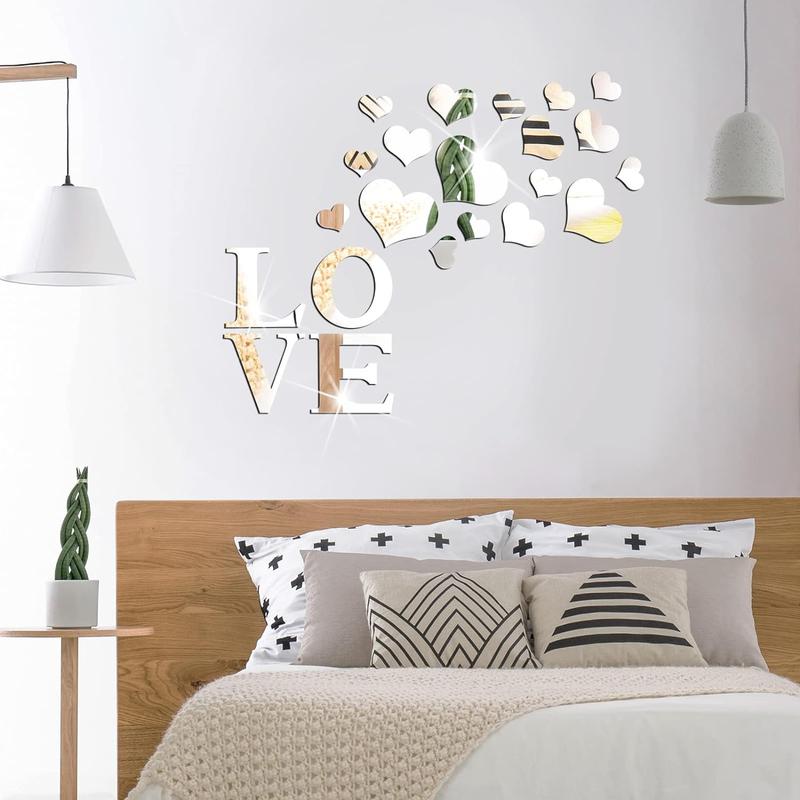 Love Letter & Heart Shaped 3D Mirror Wall Sticker, 28pcs set Home Sign Acrylic Wall Decal, DIY Wall Decor for Home Living Room Bedroom