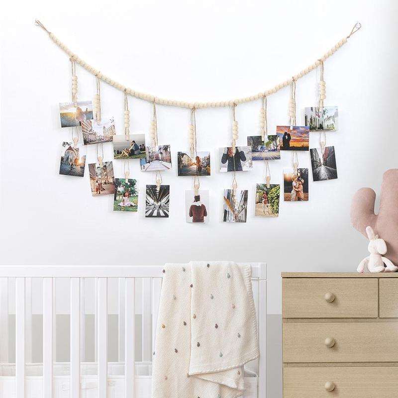 Boho Style Photo Display Rope with Clips, 1 Count Home Decor Hanging Photo Storage Pendant, Wooden Bead String, Wall Decoration