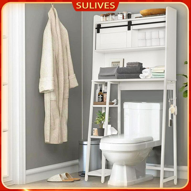 SULIVES Over The Toilet Storage with Cabinet, Sliding Barn Door, Side Storage Open Rack, Mass-Storage Over Toilet with Hooks Bathroom Organizer for Bathroom, Restroom, Laundry, White toto  toilet dewalt  toilet toto  toilet seat portable toilet