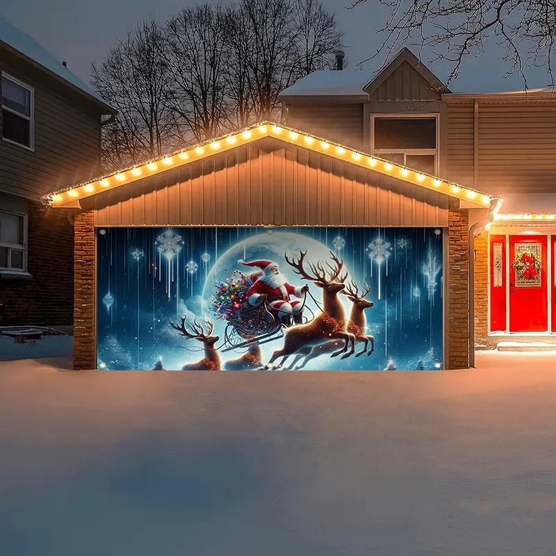 Christmas Themed Garage Door Cover, Santa Claus Reindeer Sleigh Pattern Garage Door Banner, Outdoor Holiday Decoration for Home, Festive & Party Supplies