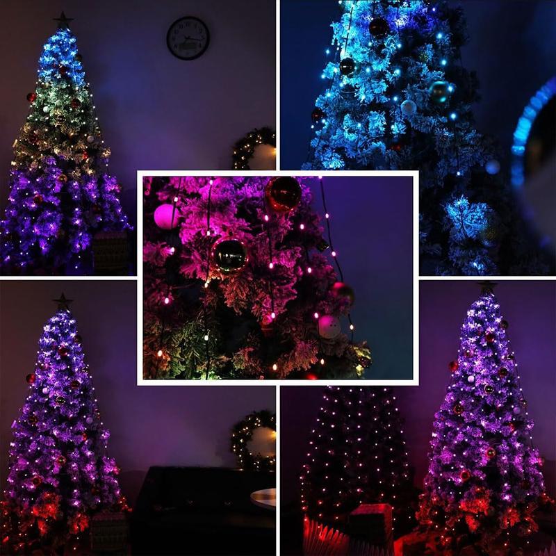 Christmas Tree String Lights with Ring Smart APP Control, 200 LED Music Sync Color Changing Indoor Decorations Waterfall Lights, IP65 Waterproof 6.6ft 10 Lines with Remote for Wedding Party Home