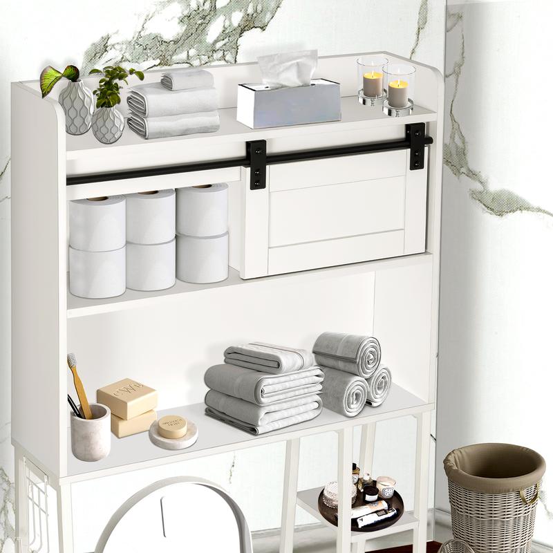 SULIVES Over The Toilet Storage with Cabinet, Sliding Barn Door, Side Storage Open Rack, Mass-Storage Over Toilet with Hooks Bathroom Organizer for Bathroom, Restroom, Laundry, White toto  toilet dewalt  toilet toto  toilet seat portable toilet