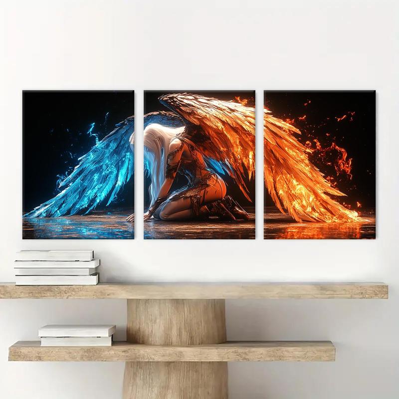 Colorful Wings Angel Pattern Wall Art, 3 Counts set Wooden Framed Canvas Painting, Waterproof Wall Decoration for Home Living Room Bedroom Office