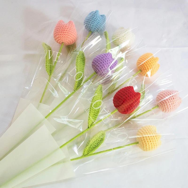 Christmas room decoration flower crochet tulip, without vase, 9 pieces set, handmade tulips, home decoration, holiday bouquet, gift bouquet