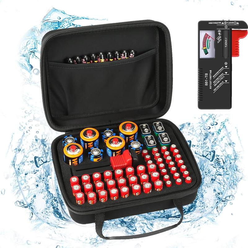 Battery Organizer, Battery Organizer Storage Case with Tester BT-168, Waterproof Battery Holder Box Holds, Battery Case Organizer 60+ AA AAA C D 9V Batteries (Batteries are Not Included)