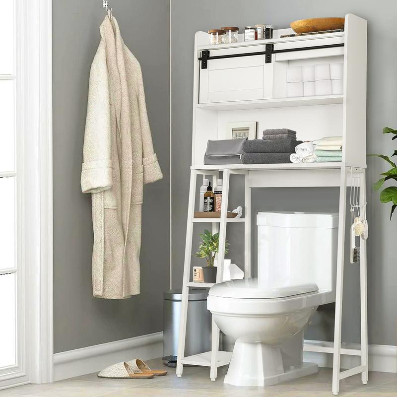 SULIVES Over The Toilet Storage with Cabinet, Sliding Barn Door, Side Storage Open Rack, Mass-Storage Over Toilet with Hooks Bathroom Organizer for Bathroom, Restroom, Laundry, White toto  toilet dewalt  toilet toto  toilet seat portable toilet