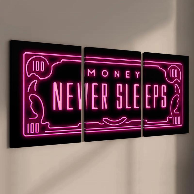 Neon Money Design Wooden Framed Canvas Poster, 3 Counts set Modern Art Wall Decoration, Wall Art for Home Living Room Bedroom Office Room Decor, Christmas 2024 Ornament, Christmas Gift Ideas, Stocking Stuffers