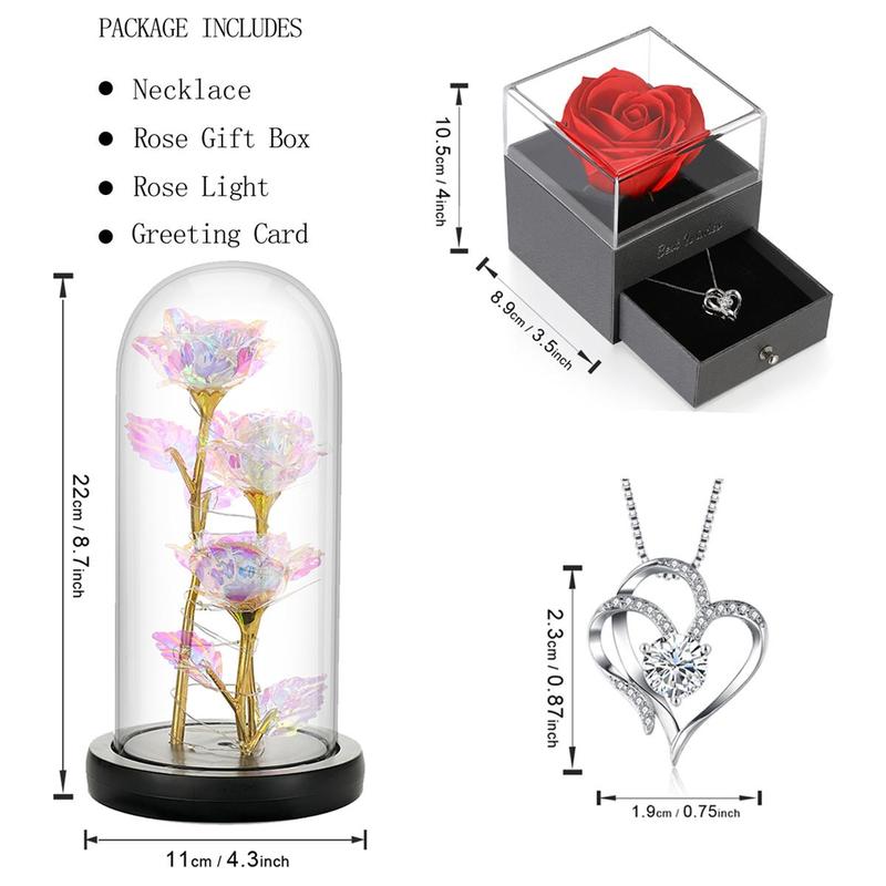 Rose & Heart Design Gift Box, 1 Set Including Light Up Rose & Necklace & Greeting Card with Box, Gift for Mom Wife Women Sister Grandma Girlfriend