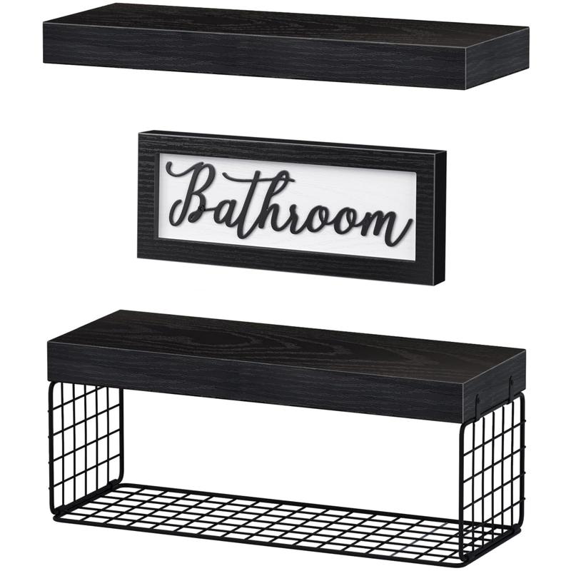 ‎Bathroom Shelves Over Toilet Paper Storage Wall Mounted Farmhouse Decor Decorations Aesthetic Décor Sign Small Floating Wall Shelf 2+1 Set 16 inch, Black