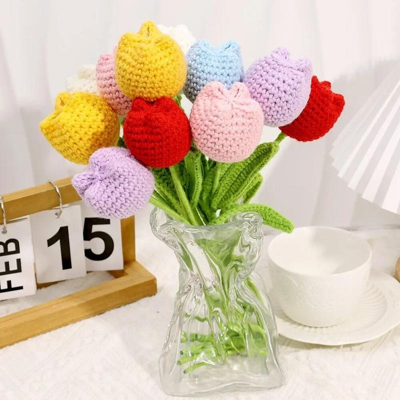 Christmas room decoration flower crochet tulip, without vase, 9 pieces set, handmade tulips, home decoration, holiday bouquet, gift bouquet