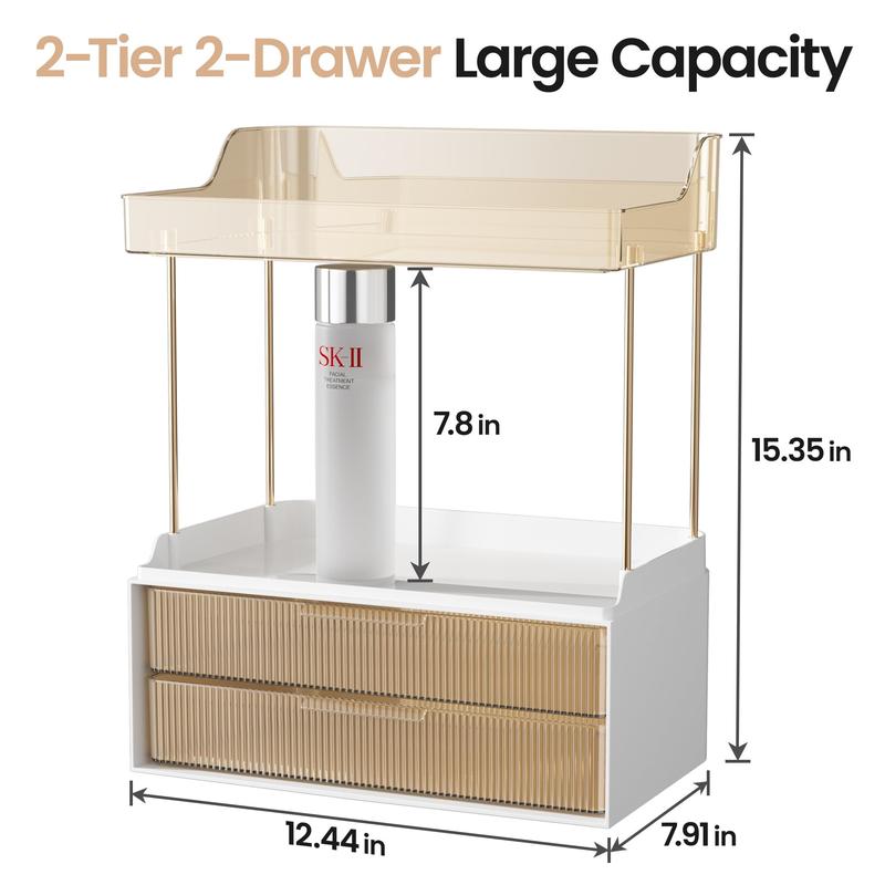 Delamu 2-Tier 2-Drawer Bathroom Counter Organizer, Multi-Purpose Makeup Organizer Countertop, Large Skincare Organizers, Exquisite Vanity Organizer, Amber