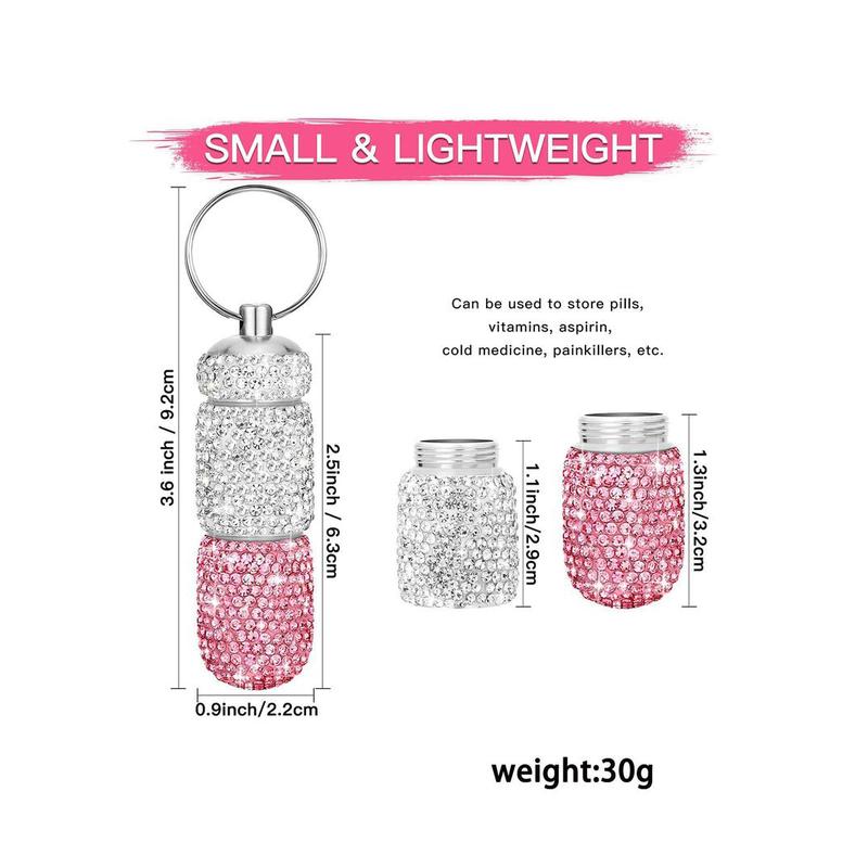 Pill Case Pill Container Snuff Rhinestone Pill Box Portable Waterproof Pocket Pill Holder Storage Bottle with Keychain for Travel, Outdoor, Camping