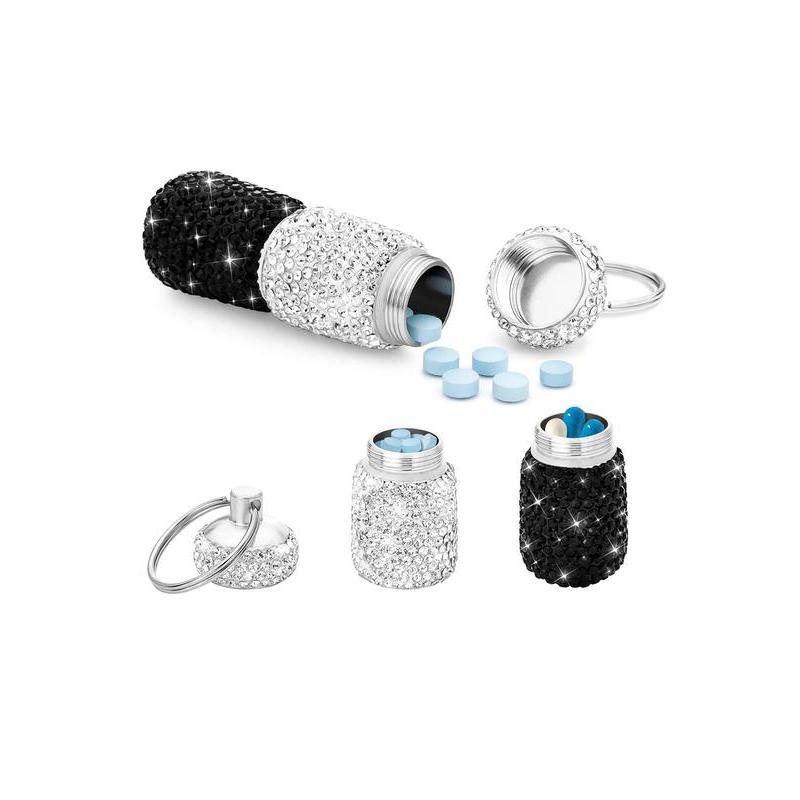 Pill Case Pill Container Snuff Rhinestone Pill Box Portable Waterproof Pocket Pill Holder Storage Bottle with Keychain for Travel, Outdoor, Camping