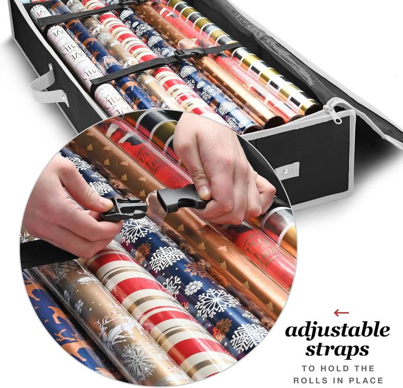 Gift Wrap Organizer, Christmas Wrapping Paper Storage Bag w Useful Pockets for Xmas Accessories, Fits upto 24 Rolls, Underbed Storage for Holiday Decorations, Large Capacity Storage Box, 1 Count