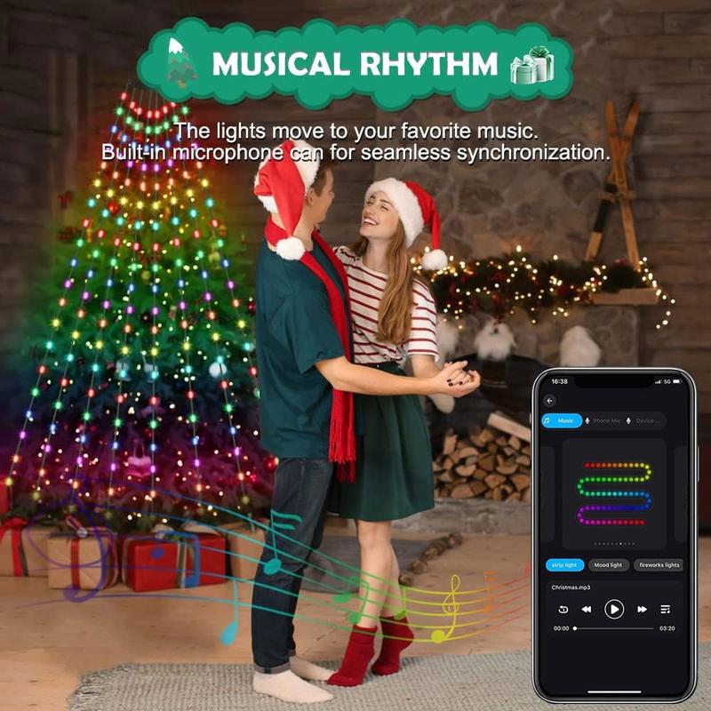 Christmas Tree String Lights with Ring Smart APP Control, 200 LED Music Sync Color Changing Indoor Decorations Waterfall Lights, IP65 Waterproof 6.6ft 10 Lines with Remote for Wedding Party Home