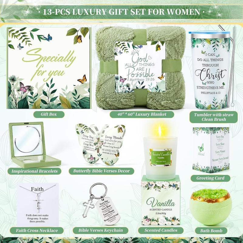 13 count Christian Gifts for Women Faith-Inspirational Gifts for Women, Green Self Care Gifts Get Well Soon Gifts Basket, Birthday Gifts,Thinking of You Gifts with Blanket for Mom Her  Friend Sister