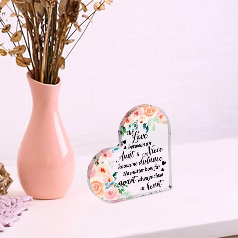 Flower Pattern Heart Shaped Acrylic Plaque, Creative Desktop Ornament, Home Decor for Living Room Bedroom Office, Gift for Aunt, Niece