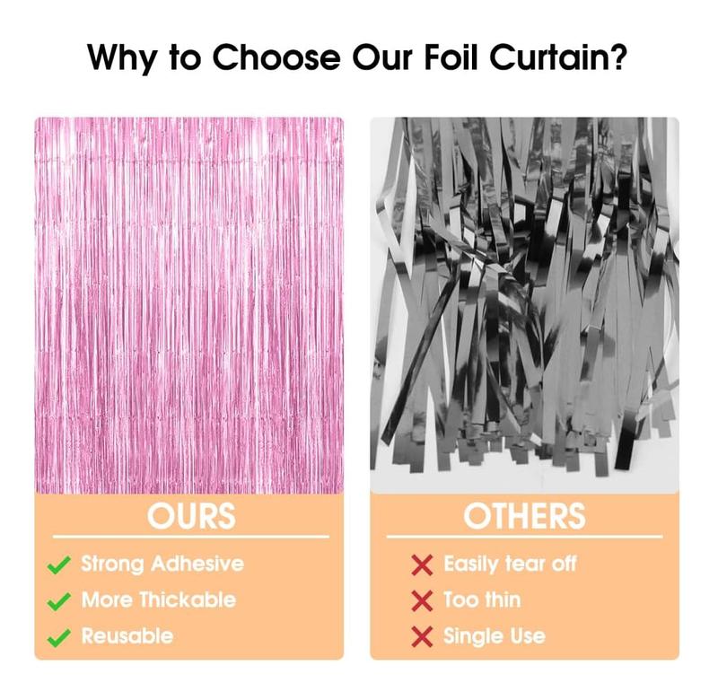 Fringe Backdrop, Pink Backdrop, Foil Fringe Curtains, 3 Counts 3.3x6.6ft Tinsel Curtain Backdrop Streamers for Valentine's Day Birthday Wedding Bachelorette Party Supplies Graduation Decorations