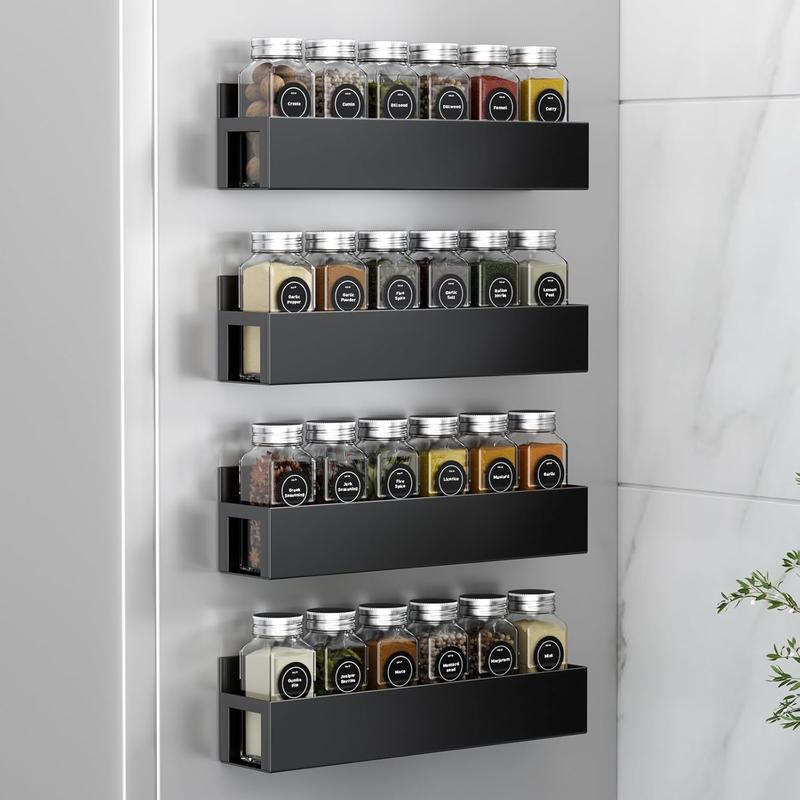 4 Pack Magnetic Spice Rack with 28 Spice Jars, Spice Labels, Chalk Marker and Funnel Set, Magnetic Spice Organizer Shelf for Refrigerator, Microwave, Seasoning Organizer for Kitchen