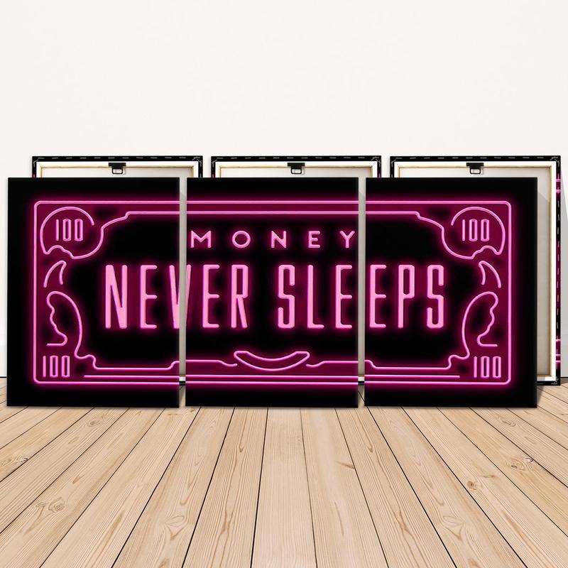 Neon Money Design Wooden Framed Canvas Poster, 3 Counts set Modern Art Wall Decoration, Wall Art for Home Living Room Bedroom Office Room Decor, Christmas 2024 Ornament, Christmas Gift Ideas, Stocking Stuffers