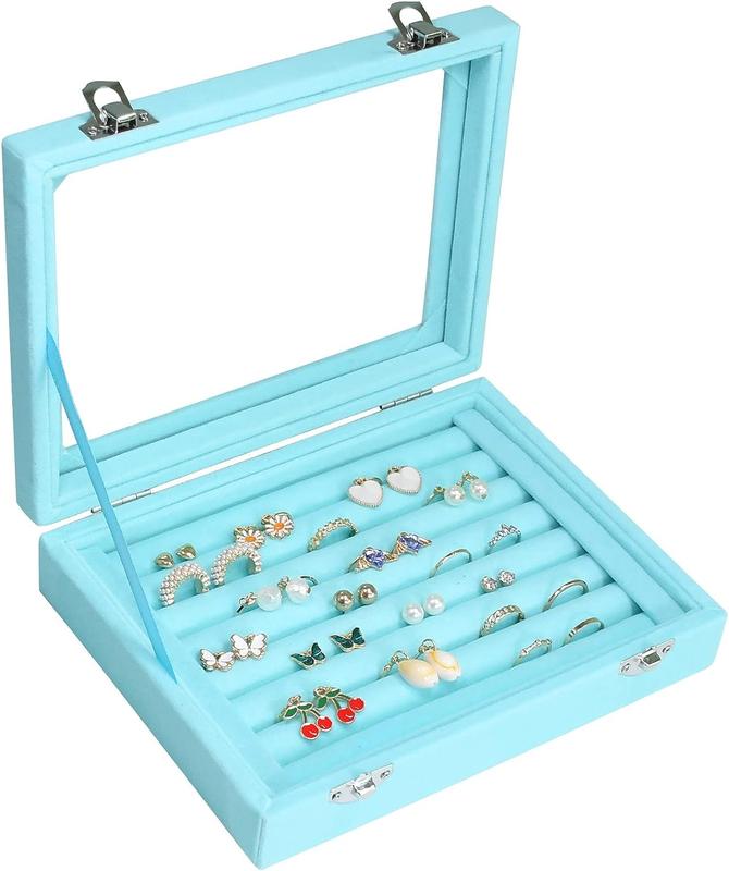 Rings Organizer Tray 7 Slots Velvet Jewelry Earring Storage Box with Transparent Lid Jewelry Display Case for Girls Wife Mom Women stable jewellery