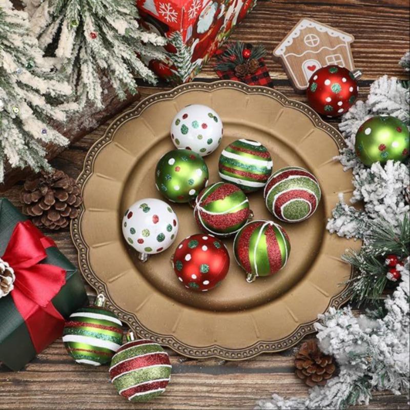 Christmas Ball Ornament Set, 12pcs set  Classics Stripe & Pot Pattern Ball Pendant with Storage Box, Christmas Tree Decorations for Holiday Festivities