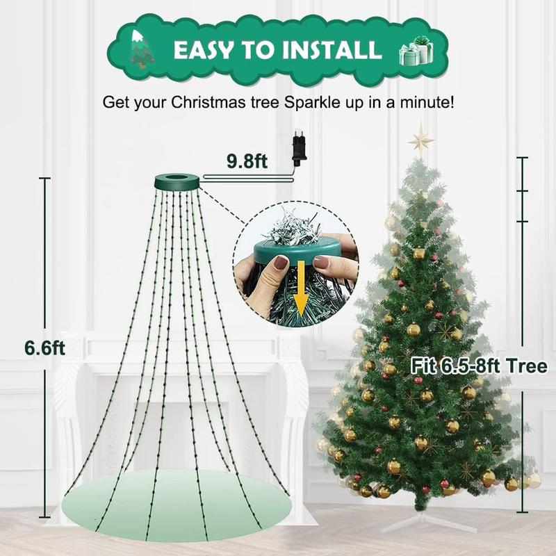 Christmas Tree String Lights with Ring Smart APP Control, 200 LED Music Sync Color Changing Indoor Decorations Waterfall Lights, IP65 Waterproof 6.6ft 10 Lines with Remote for Wedding Party Home