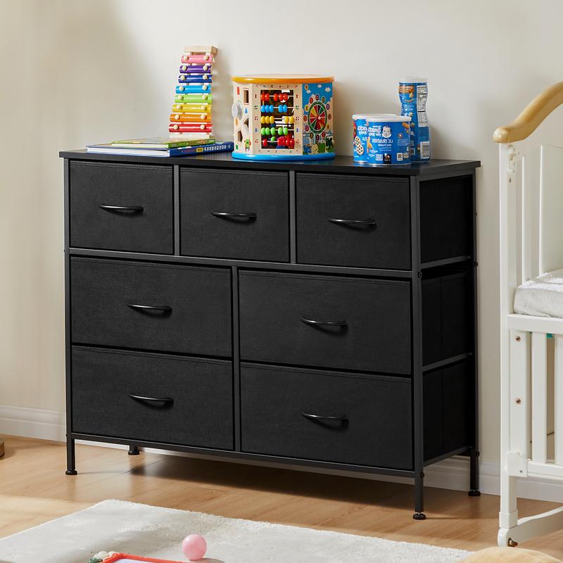 Organizer Storage, Chest Fabric Bins, Long Dresser with Wood Top for Bedroom, Closet, Entryway, 7-Drawers