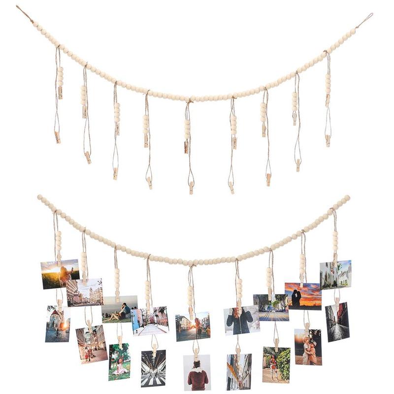 Boho Style Photo Display Rope with Clips, 1 Count Home Decor Hanging Photo Storage Pendant, Wooden Bead String, Wall Decoration