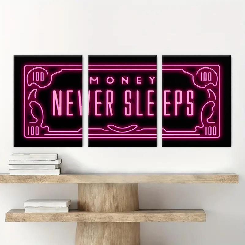 Neon Money Design Wooden Framed Canvas Poster, 3 Counts set Modern Art Wall Decoration, Wall Art for Home Living Room Bedroom Office Room Decor, Christmas 2024 Ornament, Christmas Gift Ideas, Stocking Stuffers