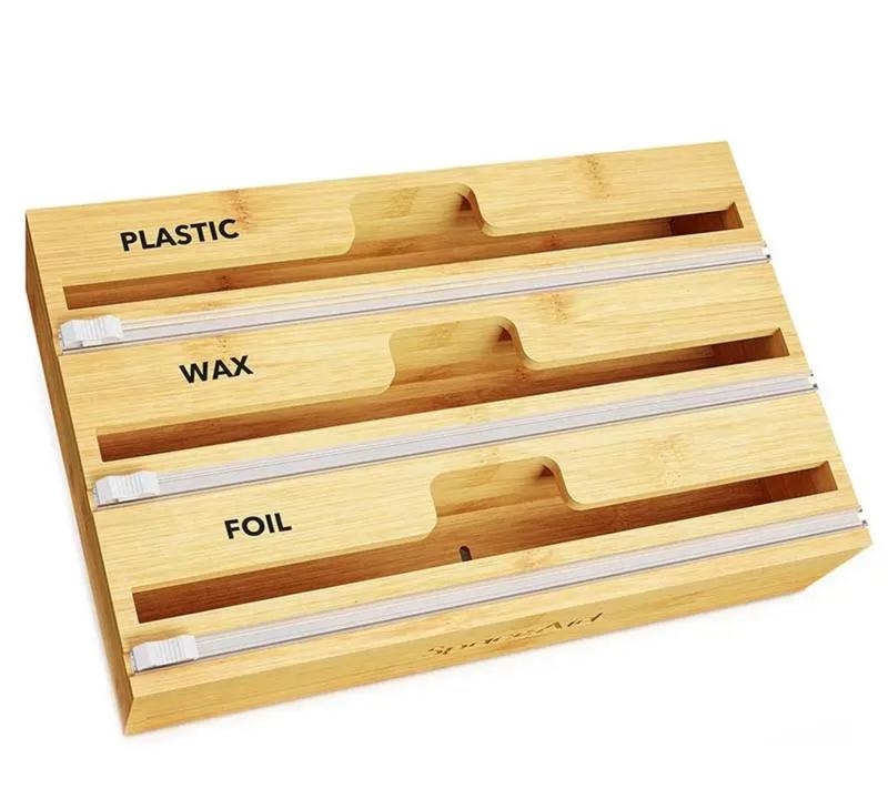 Bamboo Wood Dispenser Aluminum Foil Roll Cutter Plastic Wrap Organizer Plastic Packaging Dispenser with Sliding Cutter Tin Foil Cutting Box Storage Box Three Layers Two Layers Home Kitchen Drawer Organizer Garbage Bag Box