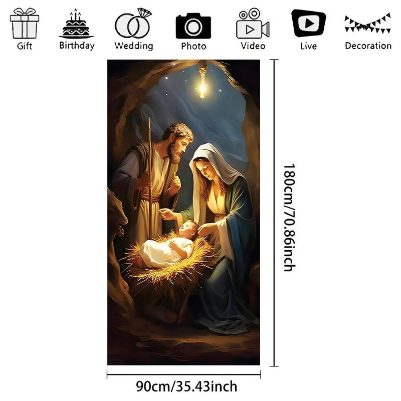 Nativity Scene Pattern Door Banner, 1 Count Christmas Themed Door Curtain, Jesus Birth Element Door Hanging Banner for Living Room Bedroom Home Dormitory